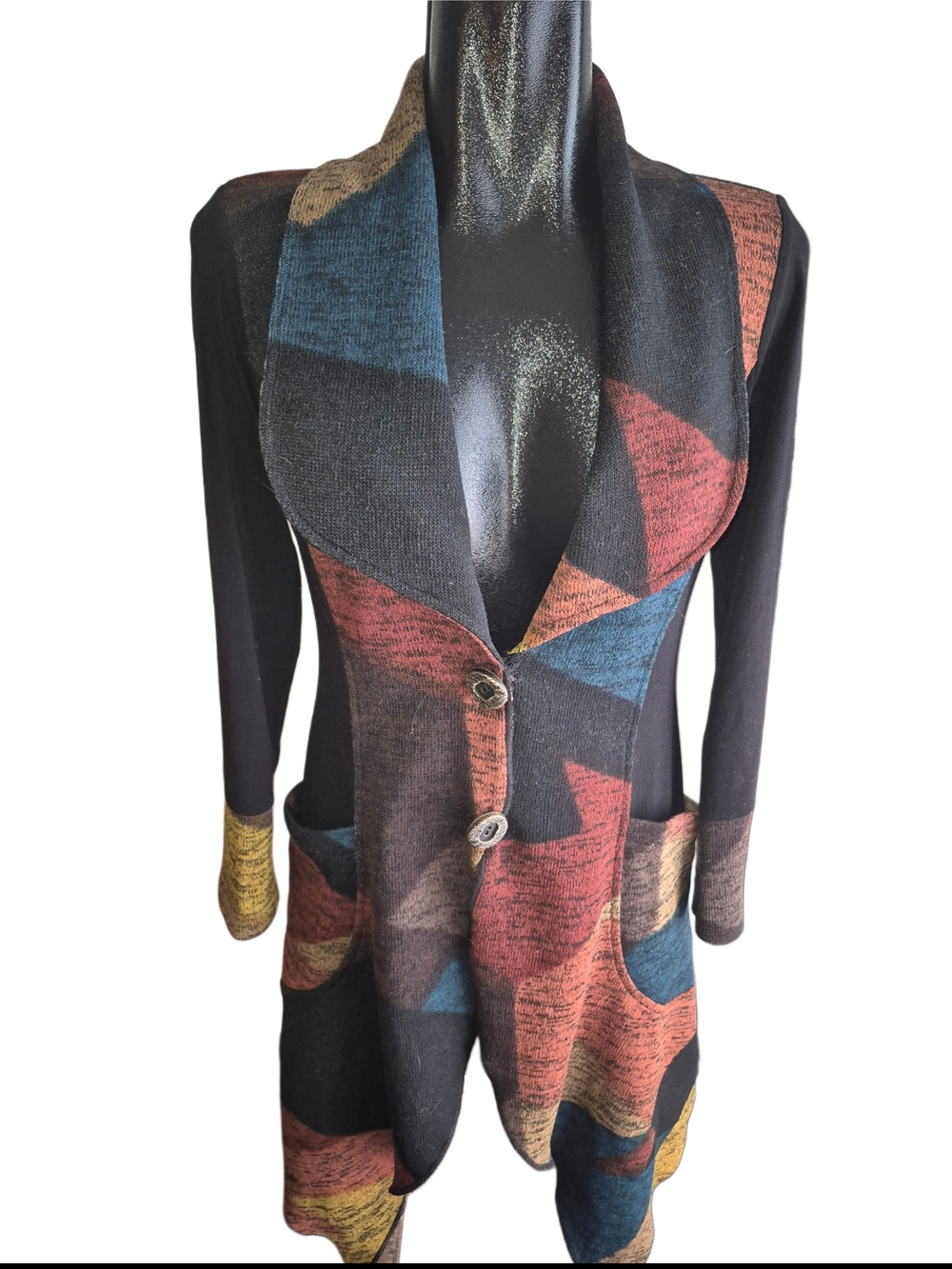 Bali Colorful Geometric Abstract Pattern Longline Knit Cardigan Sweater